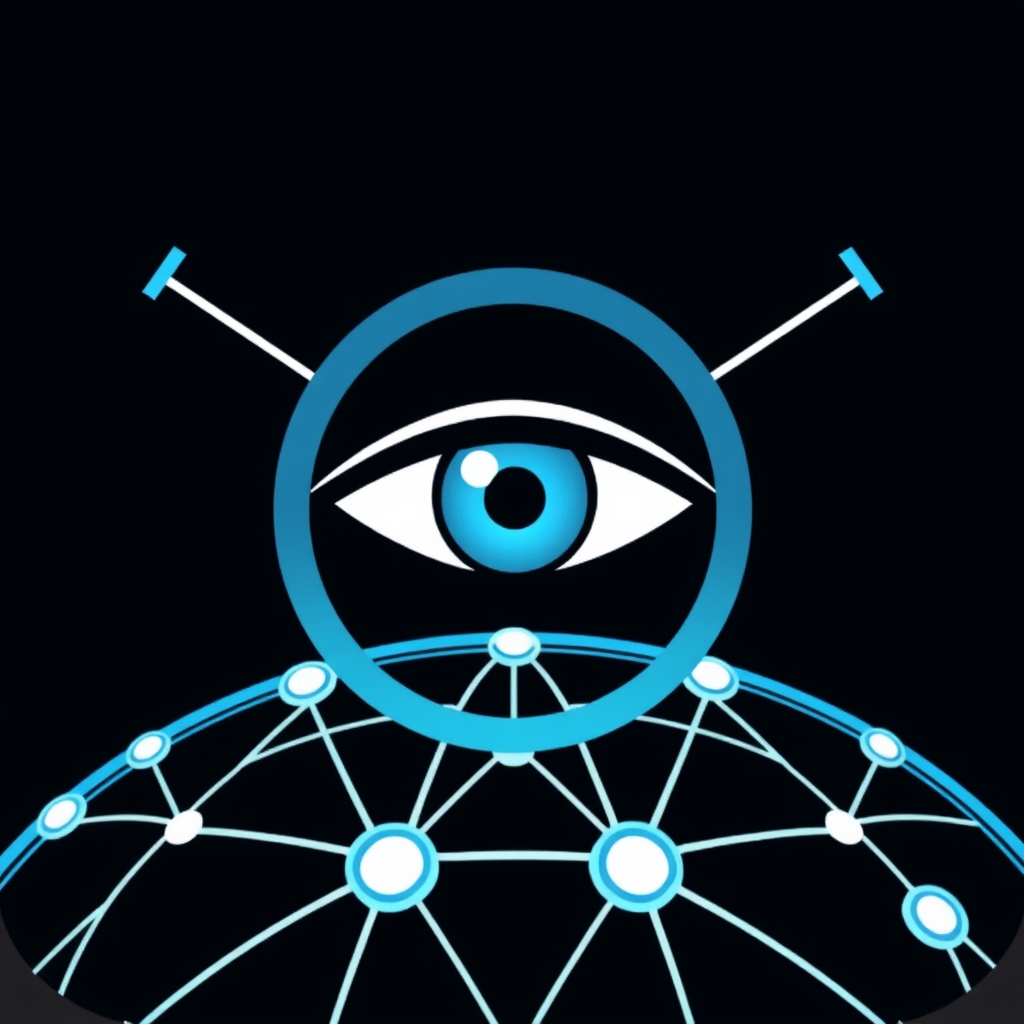 Network Overwatch Eye: An icon showing an eye positioned above a simplified representation of a network grid or a globe with digital connections. Subtle scanning arcs or pulses radiate from the eye across the network, indicating comprehensive surveillance and protection.