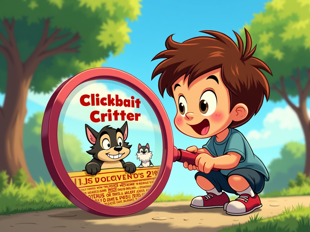 Magnifying Glass of Truth: A child holds a large cartoon magnifying glass over a seemingly innocent post or ad. The magnified view reveals a 'Clickbait Critter' (e.g., a wolf in sheep's clothing, or a creature made of jumbled, confusing text) behind the facade, exposing the trap.