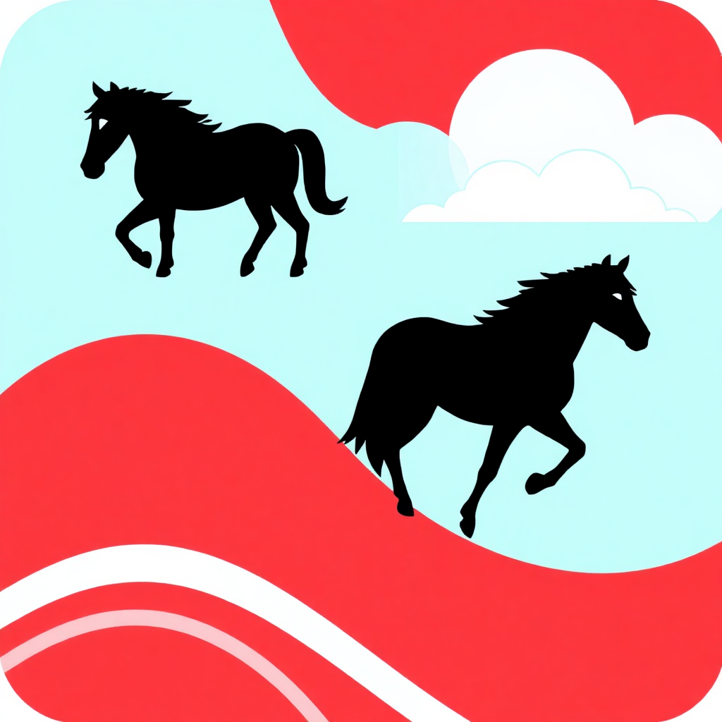 The image is a square graphic with a red and blue background. In the center, there are two silhouettes of horses running in different directions. The background is divided into two sections, one in red and the other in blue. The red section has a wave-like pattern, while the blue section has two white clouds. The horses are black and appear to be galloping. The overall style of the image is simple and cartoon-like.