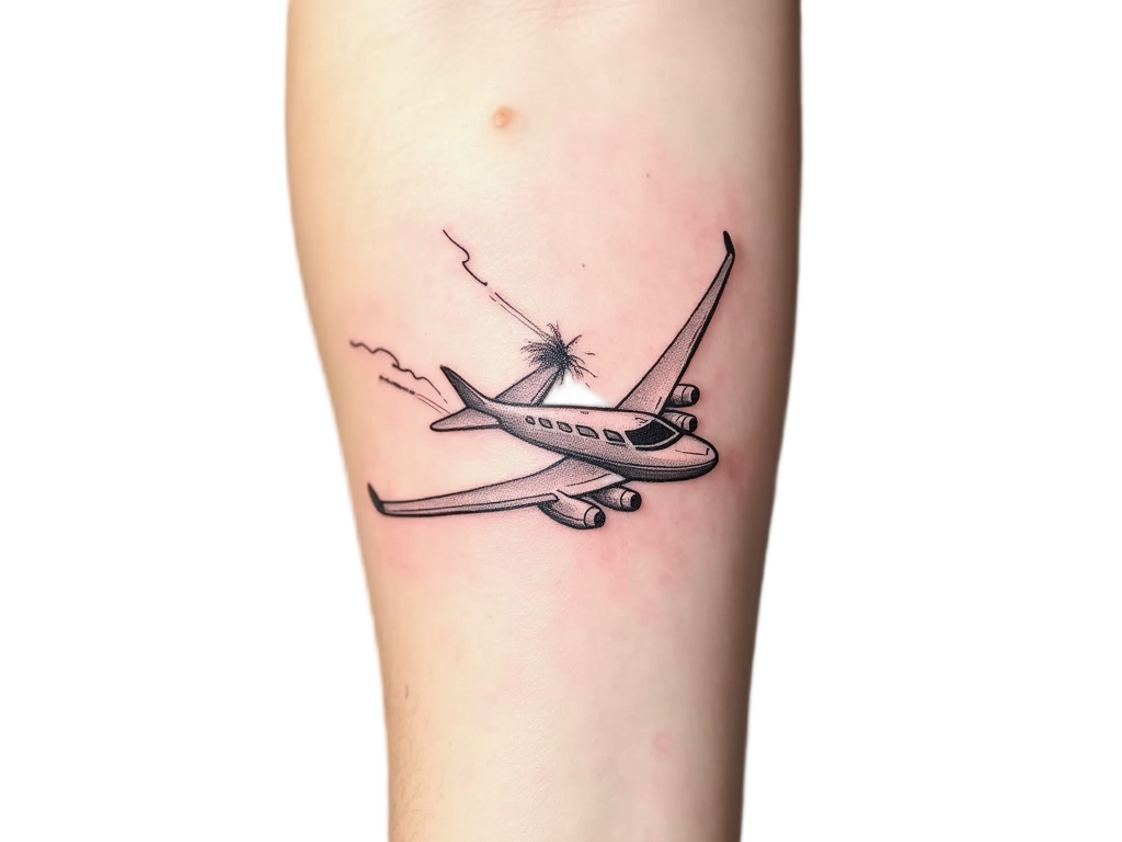 A small airplane tattoo on the forearm, with simple but sleek lines capturing the essence of wanderlust and desire to explore the skies.