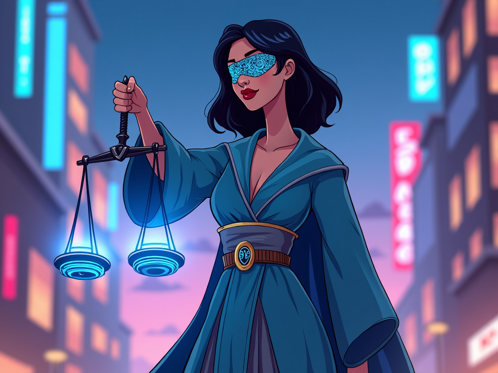 A cartoon scene of Lady Justice is drawn in a contemporary style, reflecting modernity in justice. The blindfold is designed with intricate patterns, and the scales are uniquely stylized to appear almost digital in nature.