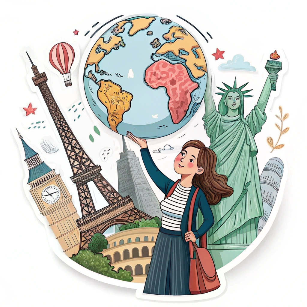 A poster design with a central figure of a woman holding up a globe where different countries are highlighted with artistic landmarks and cultural symbols.
