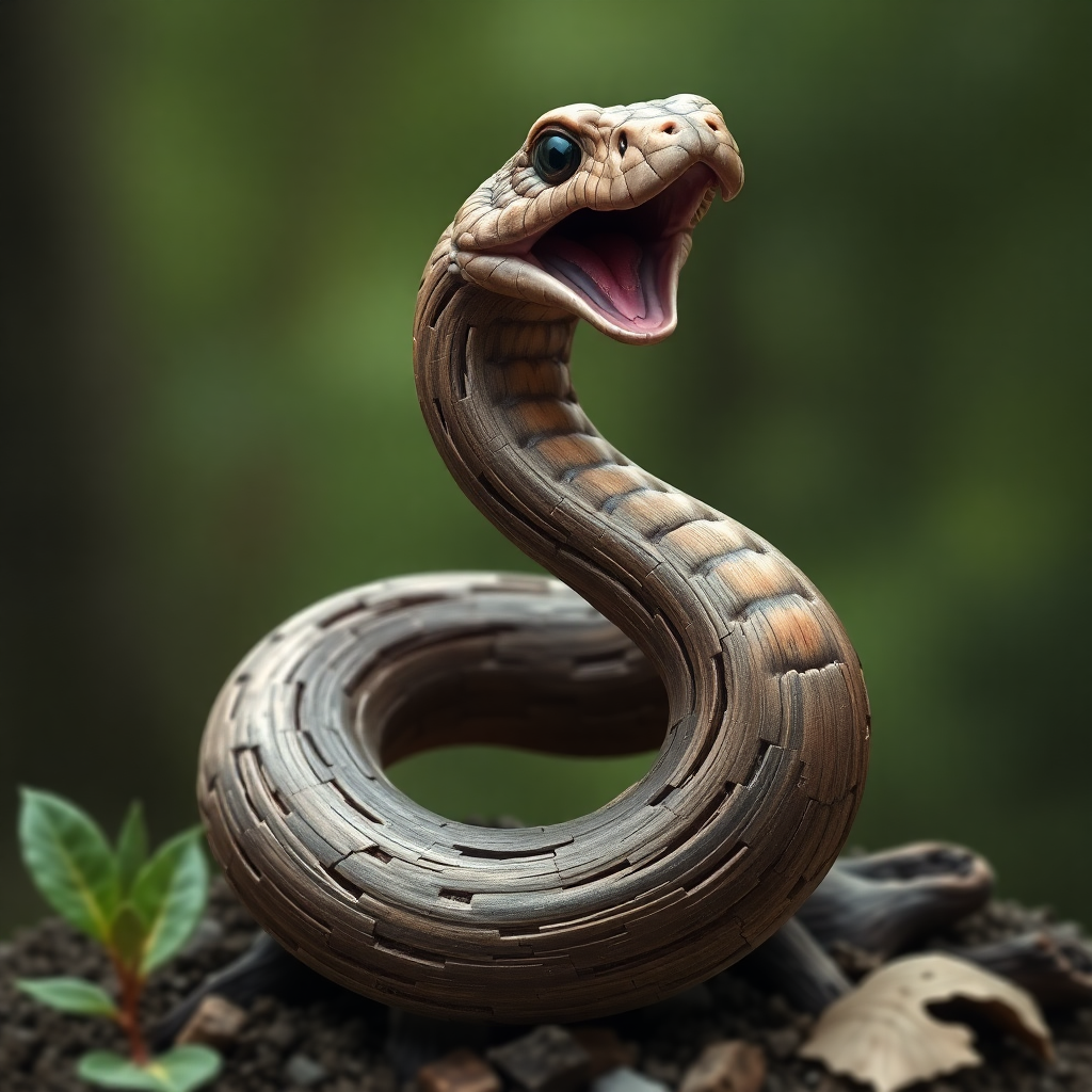 The image is a close-up of a snake with its mouth open wide, showing its sharp teeth. The snake is coiled up on a bed of soil and small plants, with a blurred background of greenery. Its body is a dark brown color with lighter brown stripes running along its length. Its head is a light brown color and its eyes are a darker shade of brown. Its mouth is open wide and its tongue is sticking out, as if it is roaring or roaring. The overall mood of the image is aggressive and menacing.