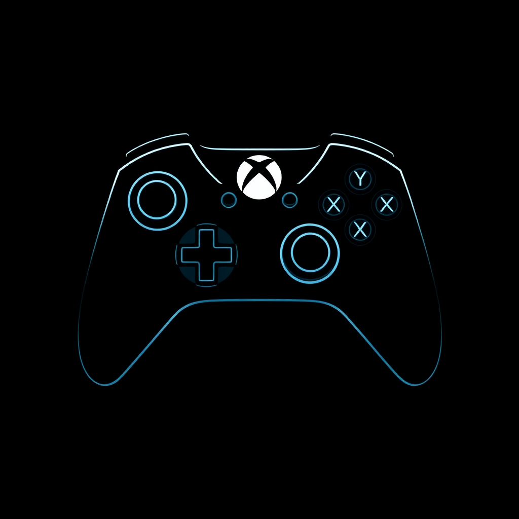 The image is a digital illustration of a wireless gaming controller. The controller is black in color and has a simple, minimalist design. It has four analog sticks, two directional buttons, four action buttons, two shoulder buttons, and two triggers. The joystick is also black and has the Xbox logo in the center. The background is completely black, making the controller stand out. The overall design is simple and minimalistic.