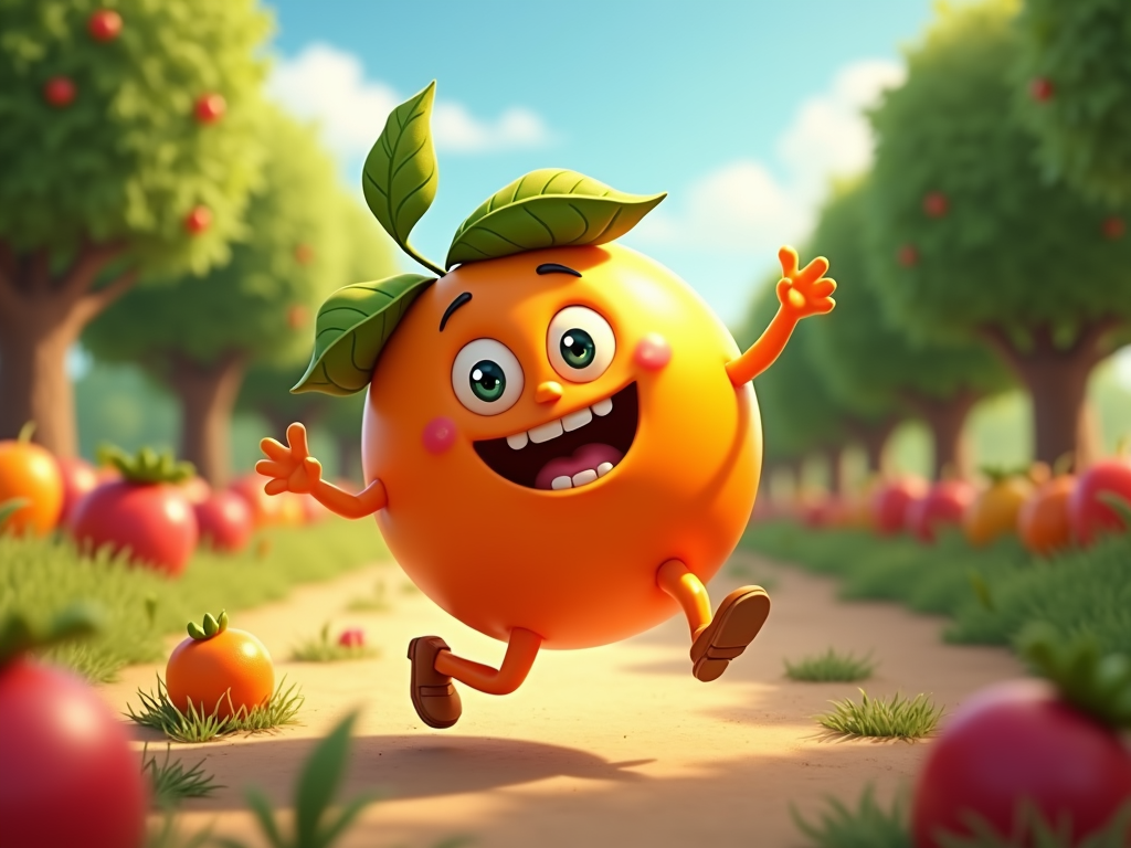  a cartoon orange character running through an apple orchard. The character has a big smile on its face and two green leaves on its head. It has two arms and two legs, and its arms are stretched out to the sides. The background shows rows of apple trees with red apples hanging from their branches. The ground is covered in green grass and there are several apples scattered around. The sky is blue and the overall mood of the image is cheerful and playful.