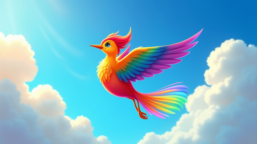 A bird in flight, its body a gradient of rainbow colors, leaving a shimmering, rainbow-colored trail behind it.