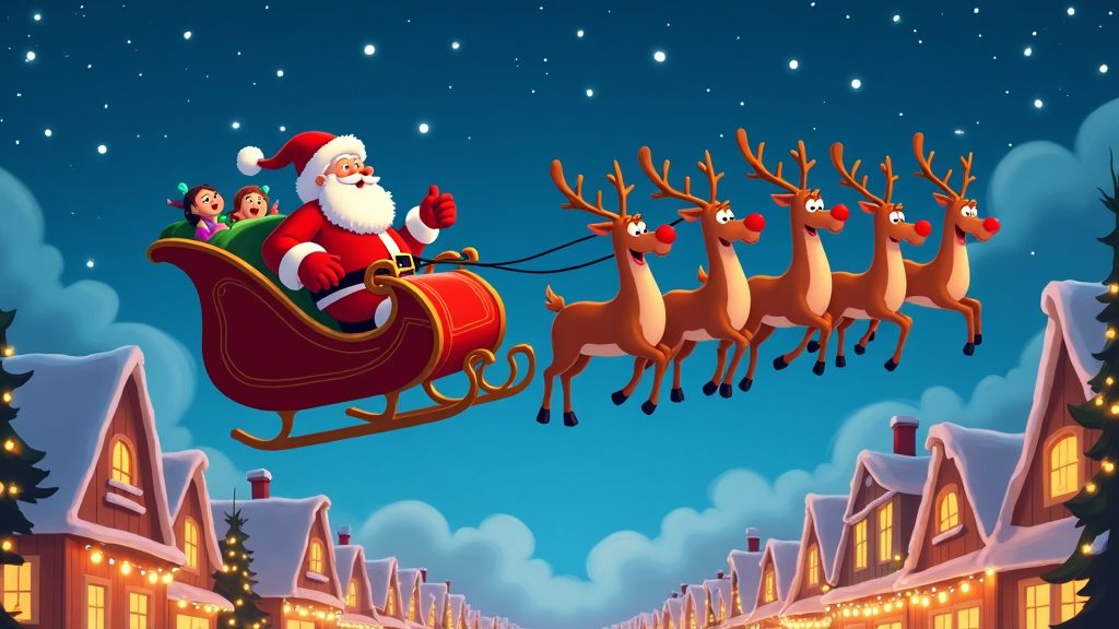 A festive cartoon scene with Santa Claus dressed in his classic red suit, flying across the night sky in his sleigh pulled by eight reindeer. Below, a bustling cartoon town decorated with Christmas lights and holiday decorations, with children excitedly pointing up at Santa.