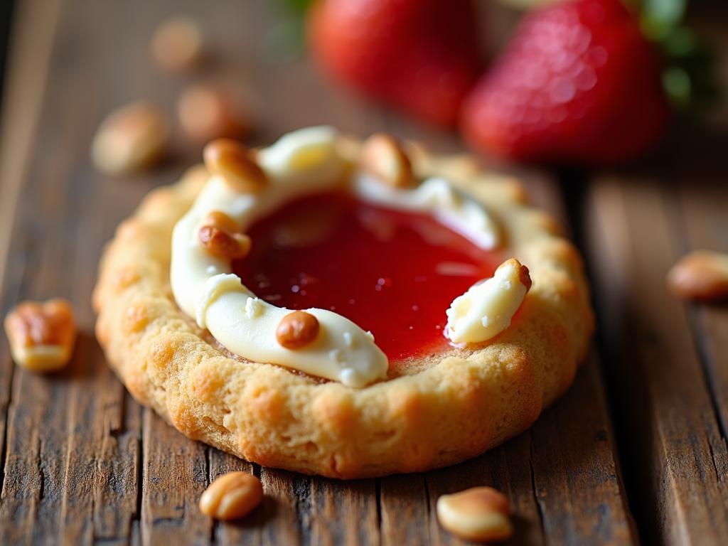 A thumbprint cookie with a soft base, a depression filled with a mixture of cream cheese and strawberry jam, topped with toasted nuts.