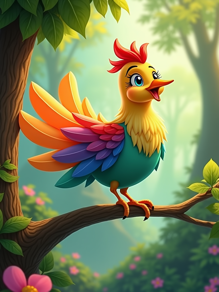 A stylized bird with wings composed of overlapping rainbow-colored feathers, each feather a distinct hue.