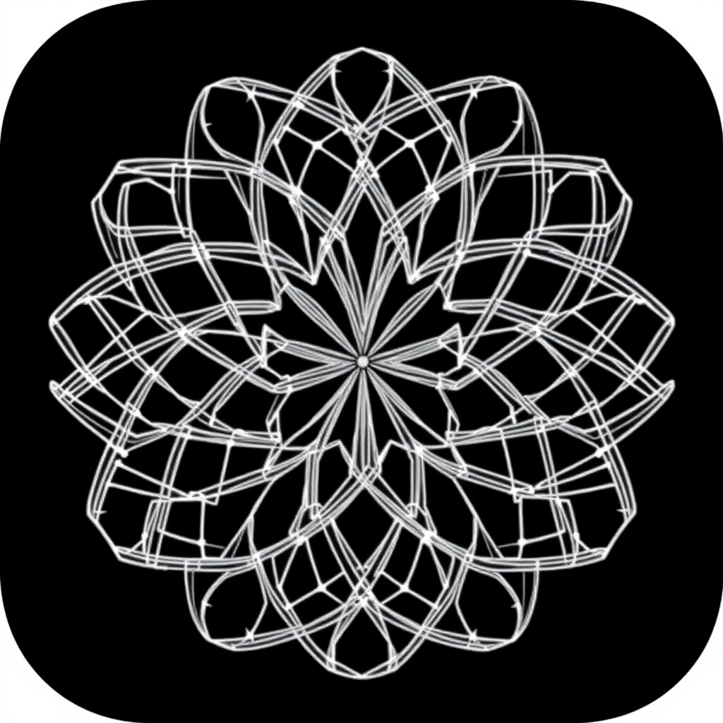 Generative Fractal Weave: An icon where lines algorithmically weave and branch out from a central point, forming self-similar, fractal patterns. This emphasizes the 'generative' aspect, where simple rules create complex, organic-looking structures.