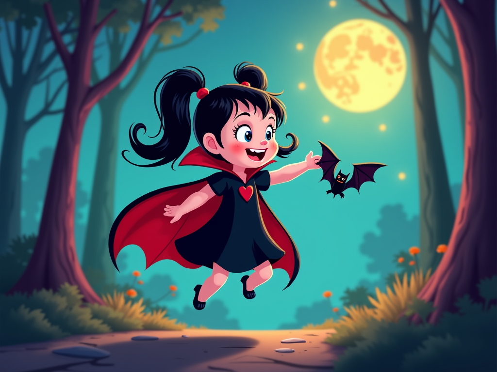  a young girl dressed up as a vampire, flying through a forest with a full moon in the background. She is wearing a black dress with a red cape and a red heart on her chest. She has long black hair tied up in two pigtails and is holding a bat in her right hand. The girl has a big smile on her face and appears to be in mid-air, with her arms stretched out to the sides. The trees on either side of her are tall and green, and there are orange flowers scattered throughout the forest. The sky is blue and the moon is partially visible in the top right corner of the image.