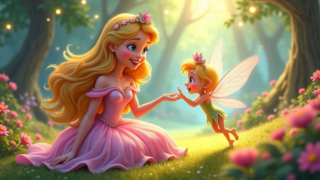 A princess with a friendly, approachable smile, her magical pet a playful sprite or a friendly little fairy with glittery wings.