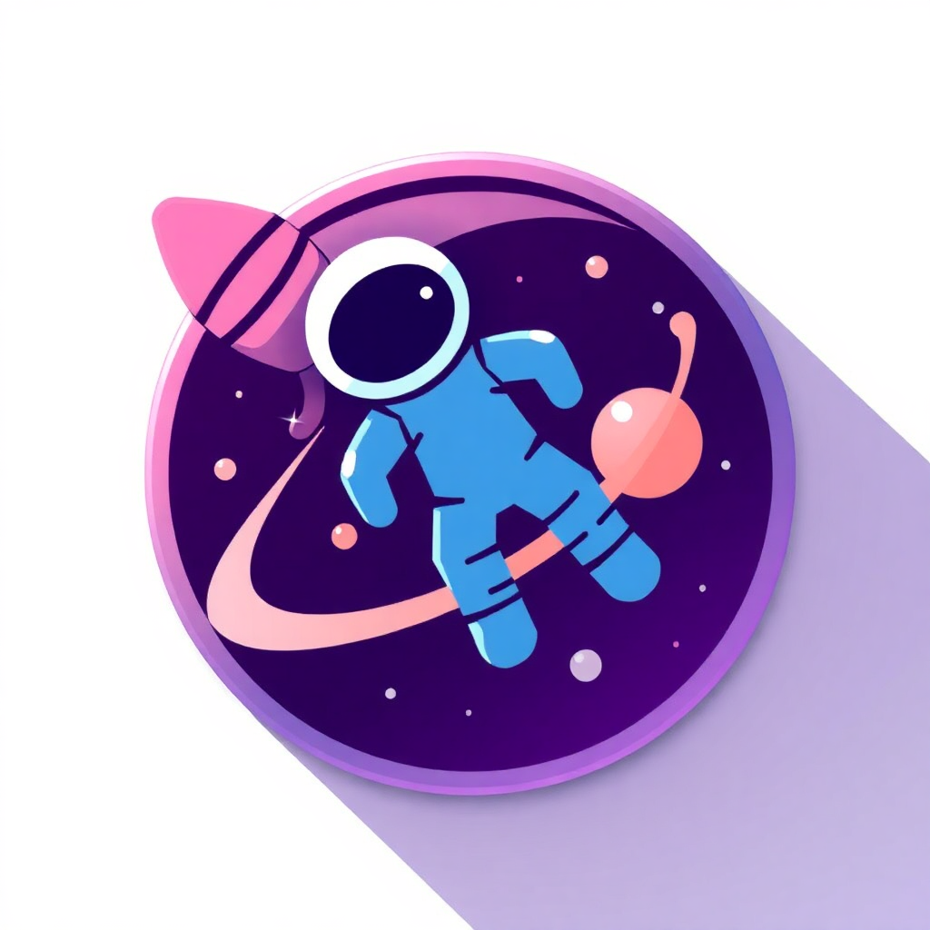 The image is an illustration of an astronaut floating in space. The astronaut is wearing a blue suit with a white helmet and is holding a pink rocket in his right hand. The rocket is pink and has a pointed tip. The background is a deep purple color with small white dots scattered throughout. The overall style of the illustration is flat and cartoon-like.