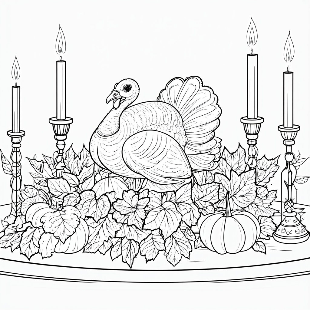 A beautifully illustrated Thanksgiving centerpiece, showcasing a grand turkey surrounded by decorative candlesticks, leaves, and gourds, offering an elegant focus for a holiday dining table.