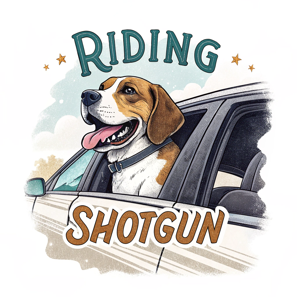 A cartoon version of the dog breed hanging its head out of a car window, with the words 'Riding Shotgun'.