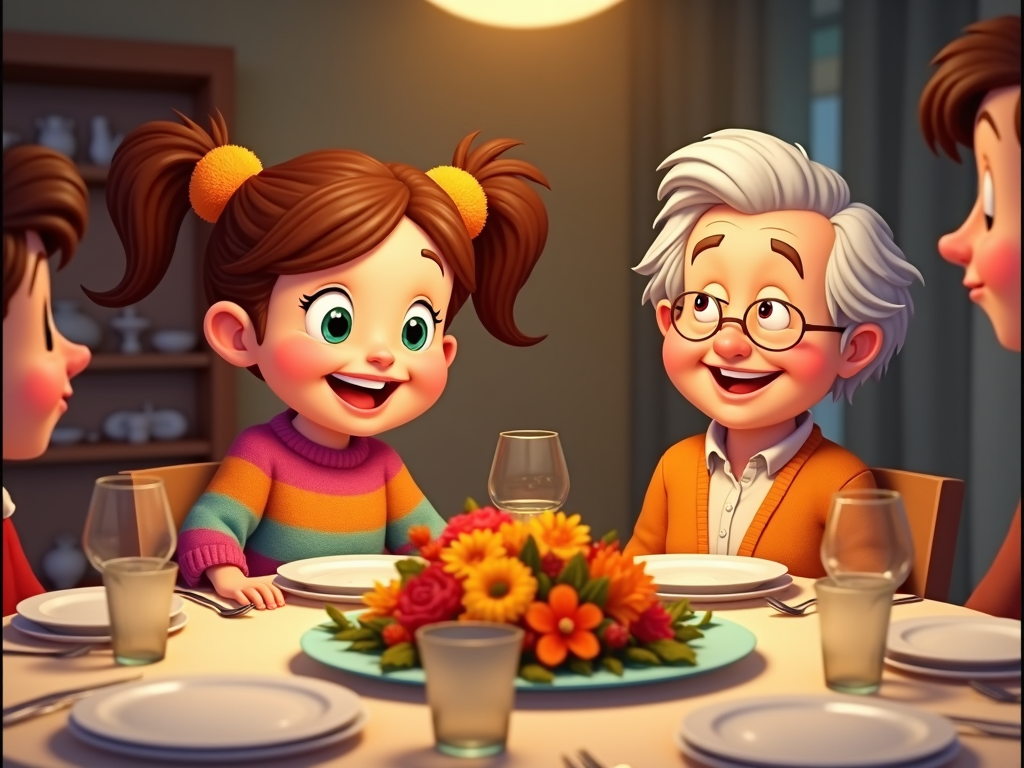 A playful Thanksgiving cartoon captures the initial awe before food is served. A family surrounds a table set with gleaming silverware, flowers, and empty glassware. Characters, from an excited youth with pigtails to a grandparent nodding off, each hold an expression of anticipation, framing the atmosphere rich with pre-feast excitement.