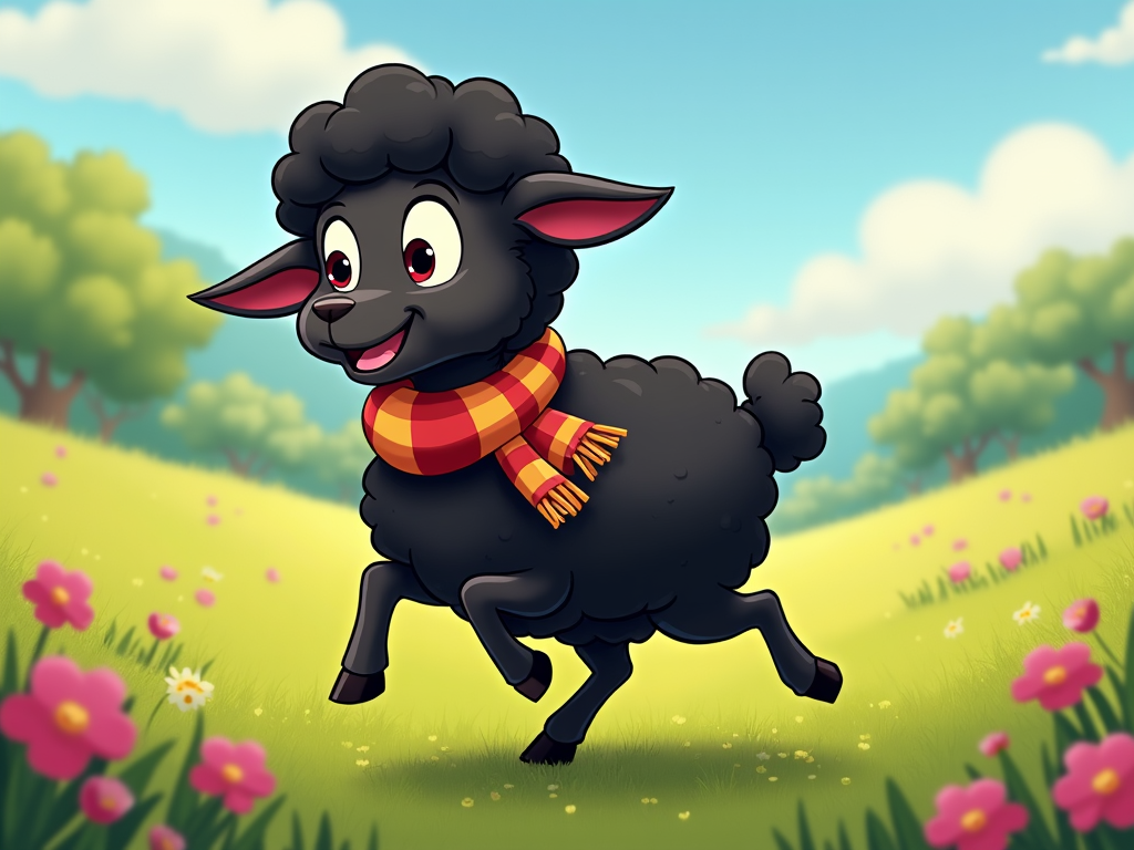 The image shows a black sheep running in a field with a scarf around its neck. The field is filled with lush green grass and colorful flowers, and in the background there are tall trees and fluffy white clouds in the sky.