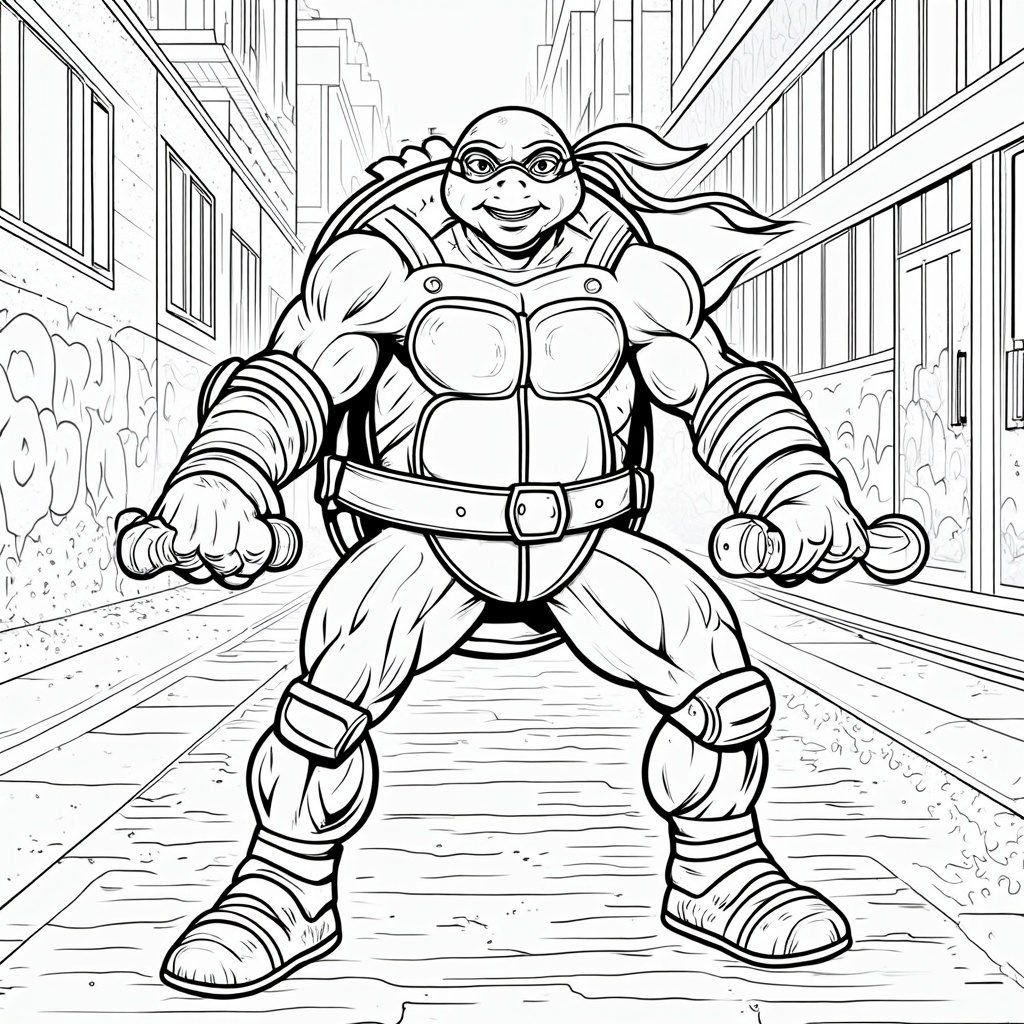 The image shows a sketch of a teenage mutant ninja turtle standing in a cityscape with buildings in the background. The turtle is wearing a red bandana and has a determined expression on its face. The coloring page is free to print and can be used for various activities.