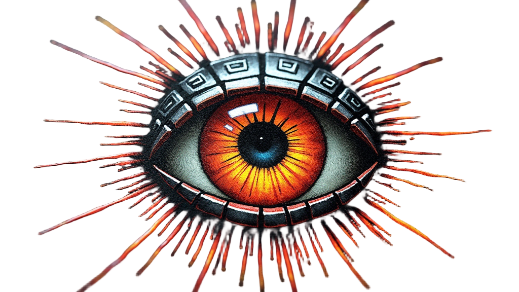 Sub-design 2: A traditional Eye of Providence, but the eye itself is encased in segmented, robotic eyelids that resemble a camera aperture. The light rays could be depicted as fiber optic cables or beams of energy.
