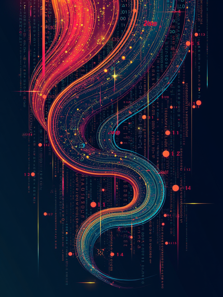 Abstract Binary Flow: A dynamic composition of flowing binary digits (0s and 1s) of various sizes creating an abstract pattern, interspersed with sharp geometric glitch elements, scan lines, and color splits. A subtle Venus symbol (♀) could be embedded within the binary stream.