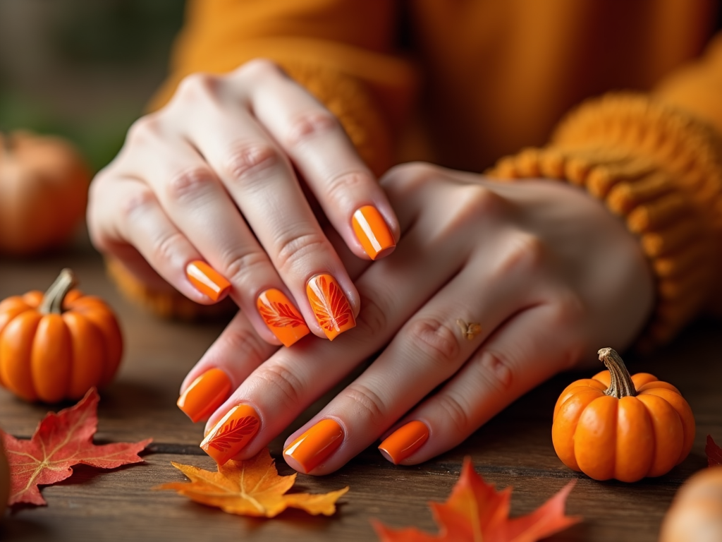 A creative Thanksgiving nail concept with bold orange nails featuring tiny silk-feather details, capturing the spirit of turkey day.