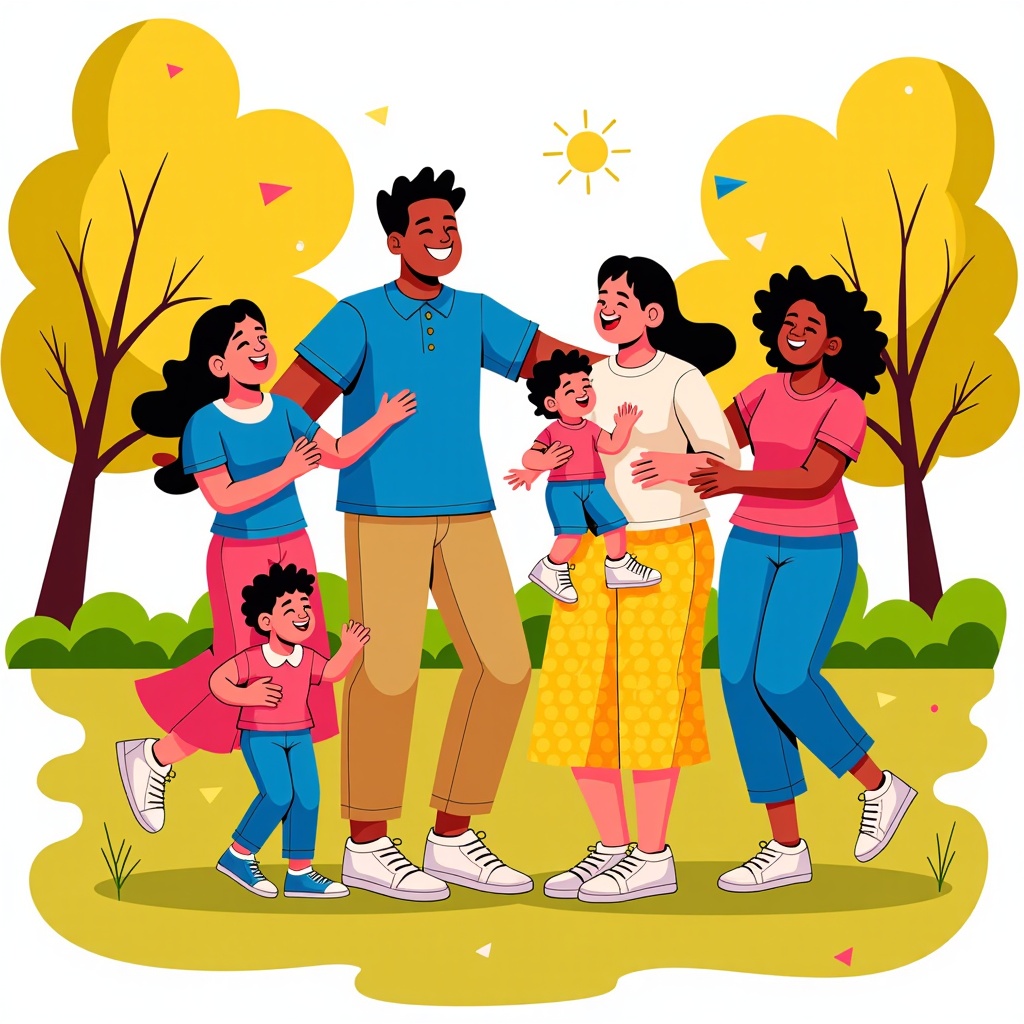 The image is an illustration of a family of five in a park. The family is standing in a line, with the father in the center holding a small child in his arms. The father is wearing a blue shirt and khaki pants, and the mother is holding the child in her arms. They are all smiling and appear to be happy.  On the left side of the image, there is a young girl wearing a pink dress and a boy wearing a red shirt and blue jeans. On the right side, there are two young women wearing pink shirts and blue pants. They both have curly hair and are standing in front of a tree with yellow leaves. The background is a grassy field with a blue sky and a yellow sun. The overall style of the illustration is flat and cartoon-like.