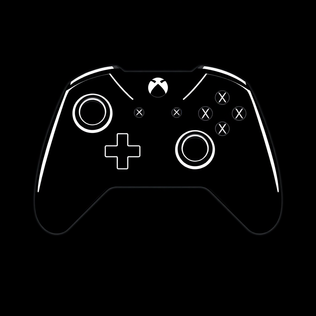 The image is a black and white illustration of a wireless gaming controller. The controller is in the shape of a joystick with two analog sticks, a directional pad, four action buttons, two shoulder buttons, and two triggers. There are also two directional buttons on the left and right side of the joystick, as well as a plus sign in the center. The joystick is outlined in white and has a simple, minimalist design. The background is completely black, making the controller stand out.