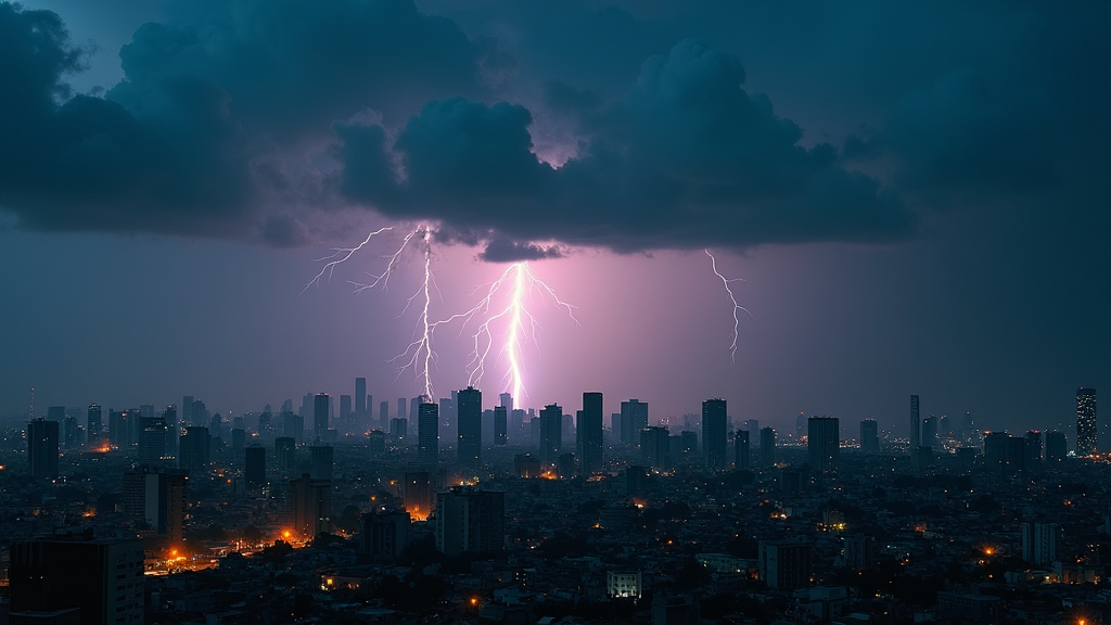 Wallpaper of a thunderstorm brewing over a dense urban sprawl. The cityscape below is bathed intermittently in flashes of light, revealing the hustle and bustle against a backdrop of dark clouds. Lightning strikes add drama to the scene, while the faint glow of streetlights lends an eerie calmness, contrasting human life with nature's power.