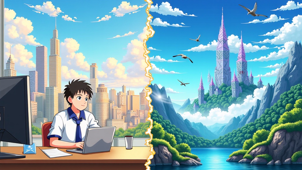 Illustration 3: 'A World Transformed'. Show a split scene or a dynamic transition. One side displays familiar, modern-day elements (e.g., a city skyline, a student's desk with a computer). This seamlessly morphs into a vibrant, fantastical Isekai landscape (e.g., magical forests, towering crystal spires, flying islands). A character could be shown mid-transformation or looking out from one world into the other. The event title is artistically woven into the landscape.