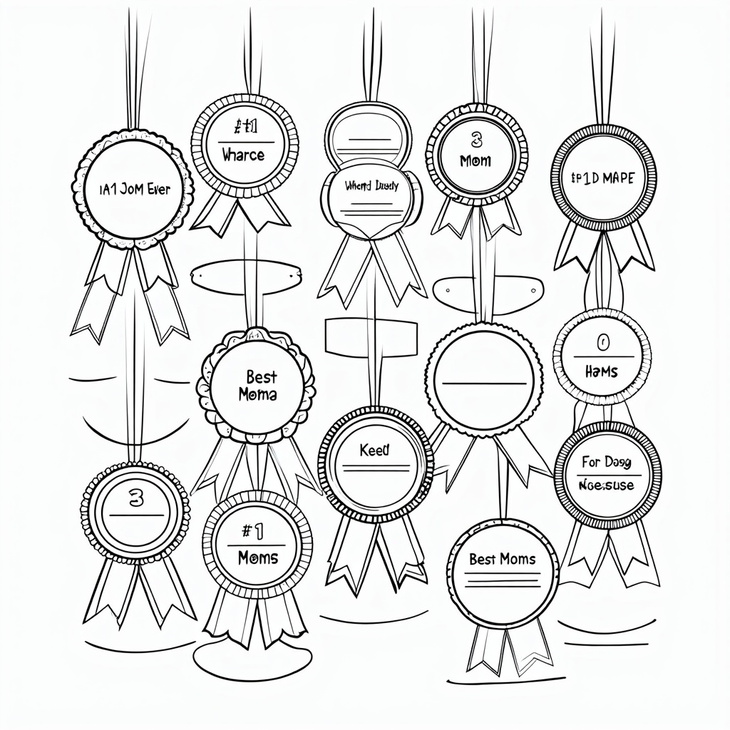 A collection of award ribbons and medals hanging decoratively, each distinct in shape and pattern, with inscriptions like '#1 Mom,' 'Best Mom Ever,' or spaces for kids to write their own praises.