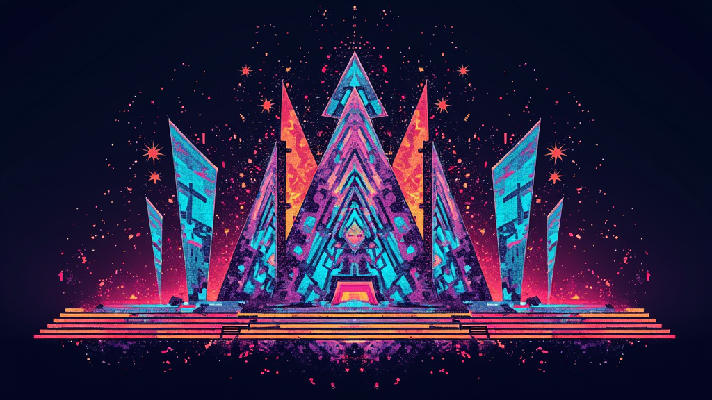 Sub-design Idea 2: Deconstructed Stage Visual - An abstract, geometric representation of the Circuit Grounds stage structure, appearing to shatter or deconstruct into glitched fragments and digital noise. Uses vibrant neon colors from the EDC palette to emphasize the glitch effects against a dark background.