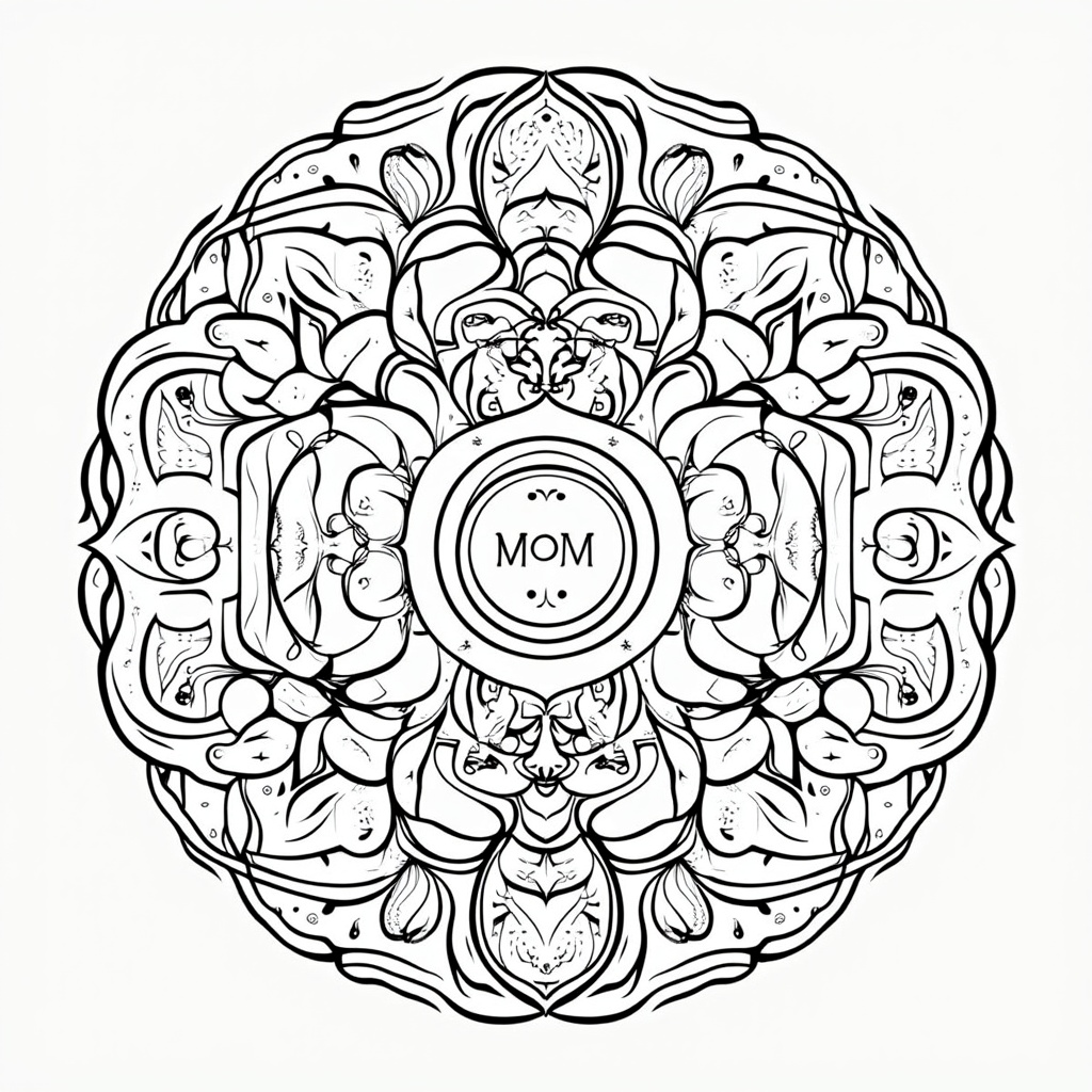 Word Art Mandalas: Mandalas integrating the word 'Mom' or 'Mother' in various elegant scripts as a key recurring element within the pattern, possibly adorned with small floral details.