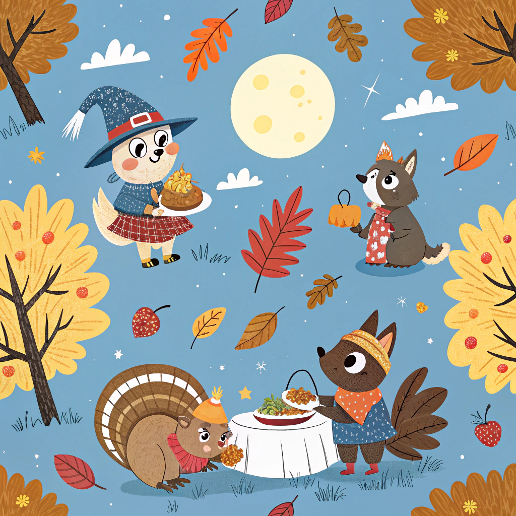 Whimsical Thanksgiving pattern with happy cartoon turkeys, pilgrims, and woodland creatures enjoying an outdoor feast. The scene is punctuated with bright autumn leaves and a harvest moon, illustrating a festive Thanksgiving storyline against a sky blue background.