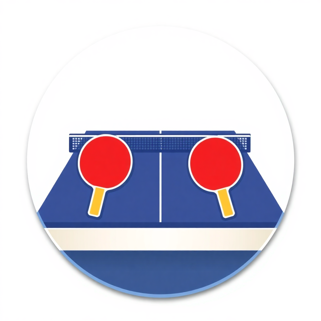 The image is a circular illustration of a ping pong table. The table is blue with a white stripe running horizontally across it. On top of the table, there are two red ping-pong paddles with yellow handles. The paddles are positioned in a way that they are facing each other. The background of the image is white. The overall design is simple and minimalistic.