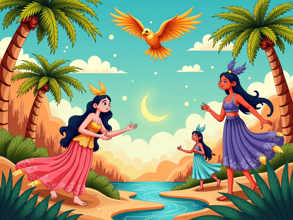 Lush Oasis and Mythical Creatures: Create designs that evoke the imagery of hidden oases and fantastical beasts from the tales. Textile patterns could feature stylized date palms, mythical birds like the Roc, or djinn forms. Costumes might incorporate feather-like embellishments or flowing, water-inspired silks.