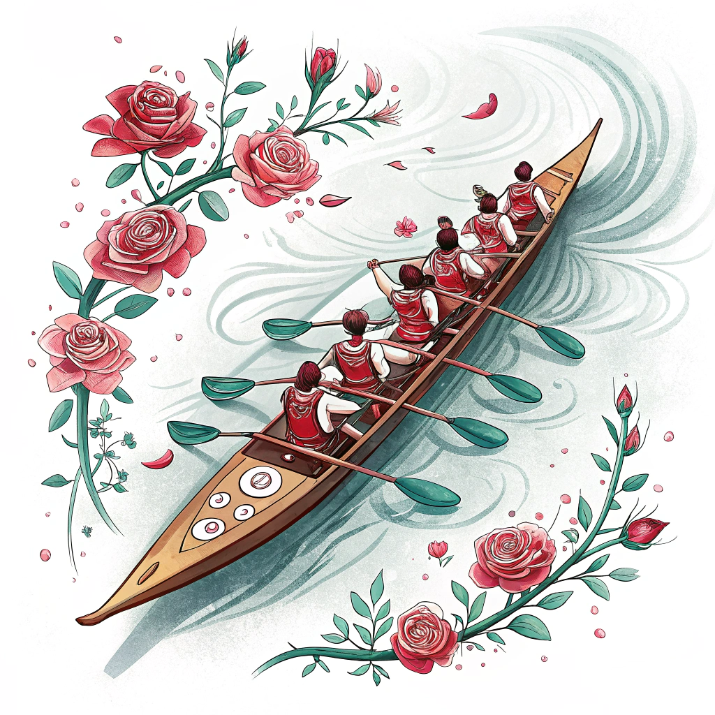 Floral Paddles & Wake: A dragon boat viewed from a slightly elevated angle, showing the team paddling in unison. The paddles themselves are stylized as rose stems with leaves, and the oar blades are rose petals. The wake behind the boat is a trail of swirling rose petals and water.