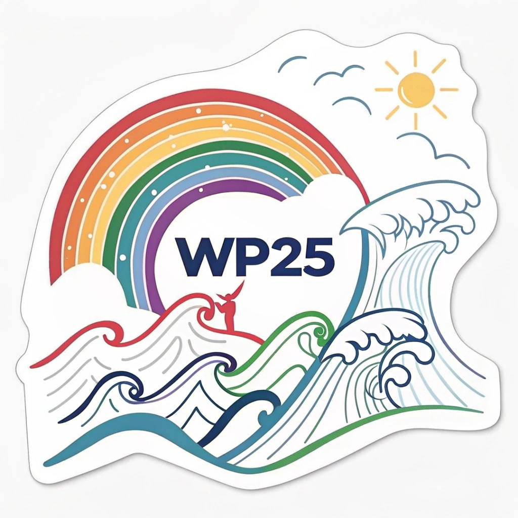 Fluid Convergence: Thin, abstract rainbow waves converging towards 'WP25' or a central point, symbolizing global unity for WorldPride.