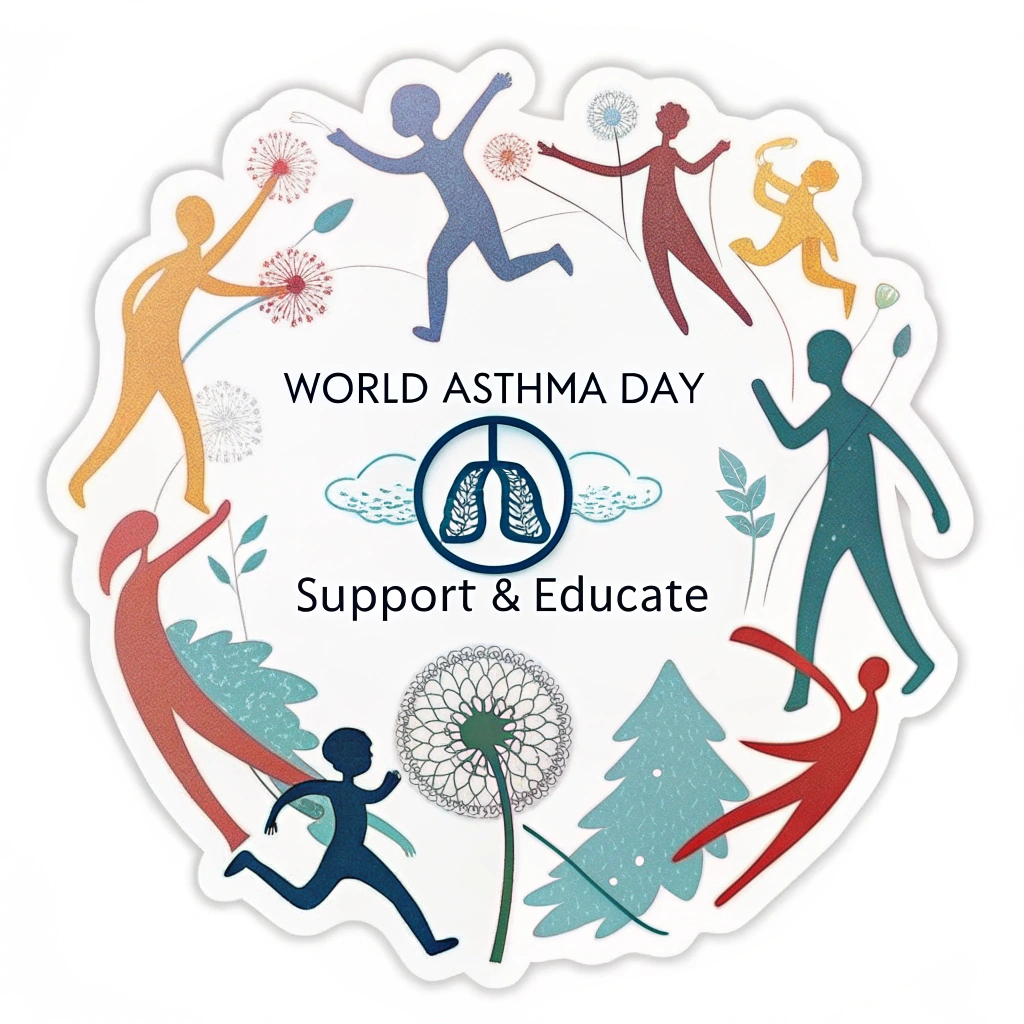 Abstract figures forming a protective circle around a central lung or breath symbol (like a feather or dandelion puff). Weave in 'World Asthma Day: Support & Educate'.