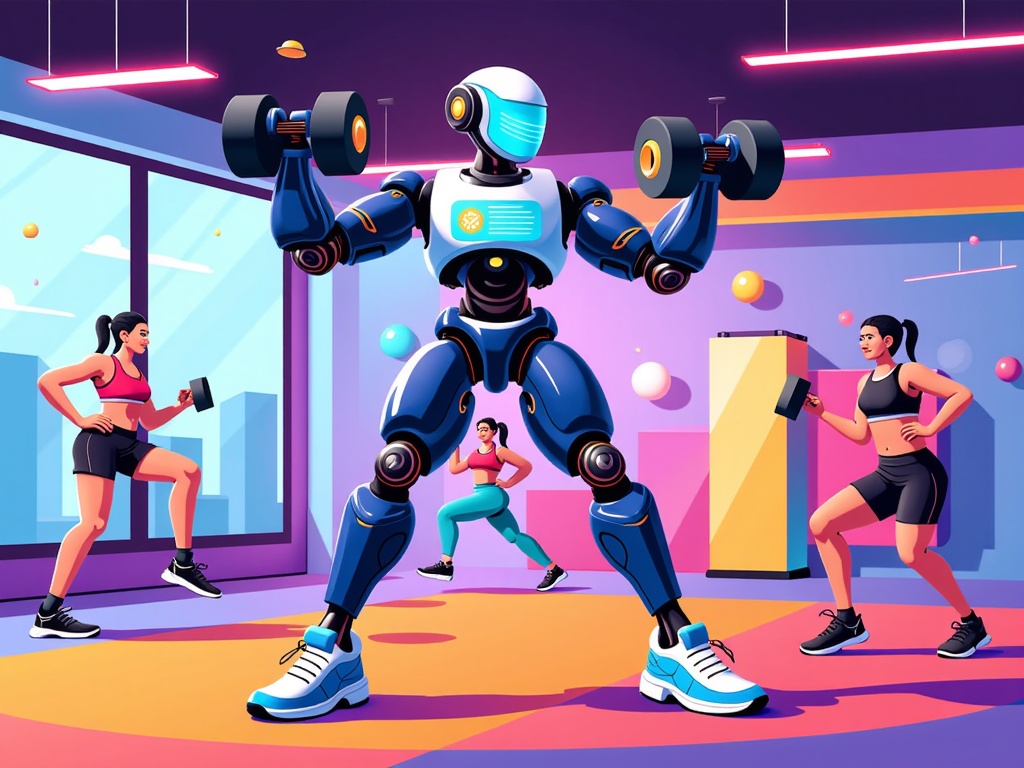  a robot in a gym. The robot is blue and white in color and is holding two dumbbells in its hands. It is standing in front of a large window with colorful lights hanging from the ceiling. There are three women in the background, all wearing workout clothes and exercising with dumbbell weights. The woman on the left is wearing a pink tank top and black shorts, the woman in the middle is in a blue tank top, and the one on the right is in black shorts and white sneakers. All three women are holding weights in their hands and appear to be in the process of lifting weights.