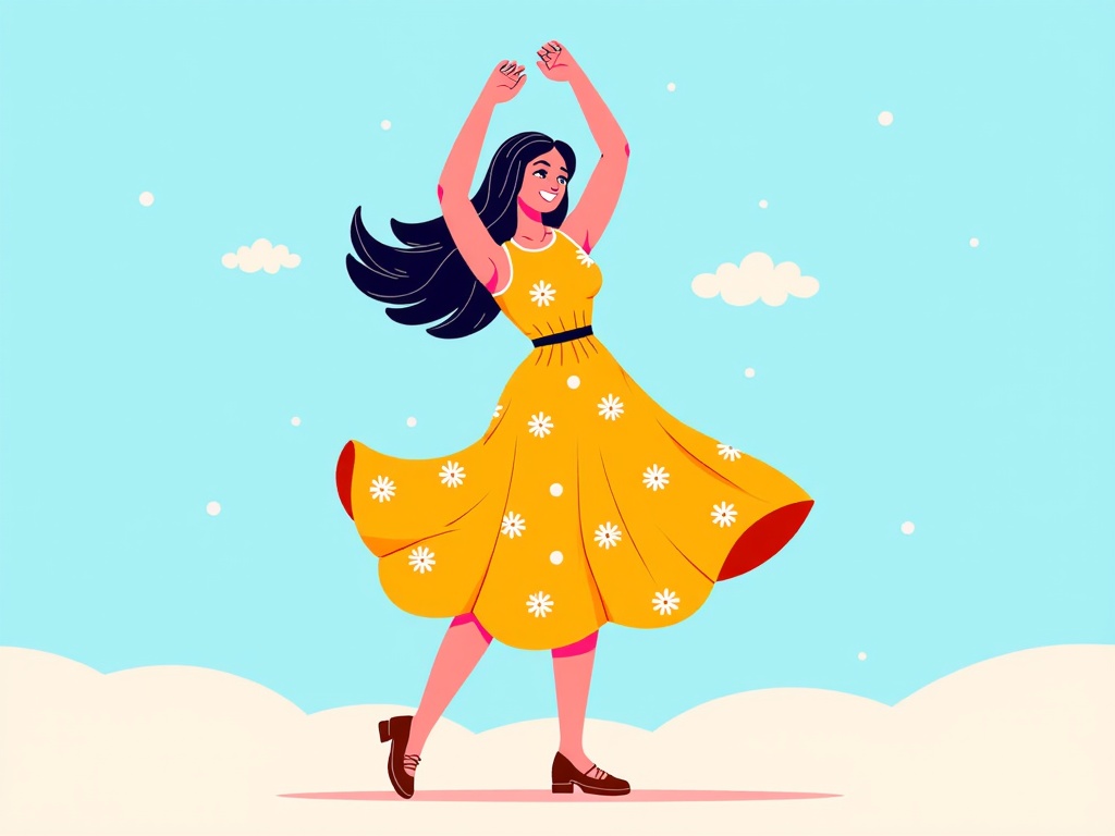 The image is an illustration of a young woman dancing in a field. She is wearing a yellow dress with white daisies on it and brown shoes. Her long dark hair is flowing in the wind and she has a big smile on her face. The background is a light blue sky with white clouds. The woman is standing on a sandy ground with her arms raised above her head and her legs slightly bent at the knees. She appears to be in the middle of a dance move.