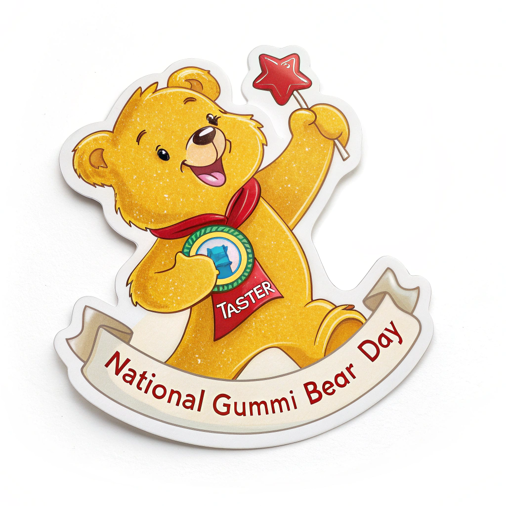 Sub-design idea 3: A die-cut sticker shaped like a gummi bear holding a small award ribbon. The ribbon could have 'Taster' written on it, and 'National Gummi Bear Day' imprinted on the bear itself or as surrounding text.