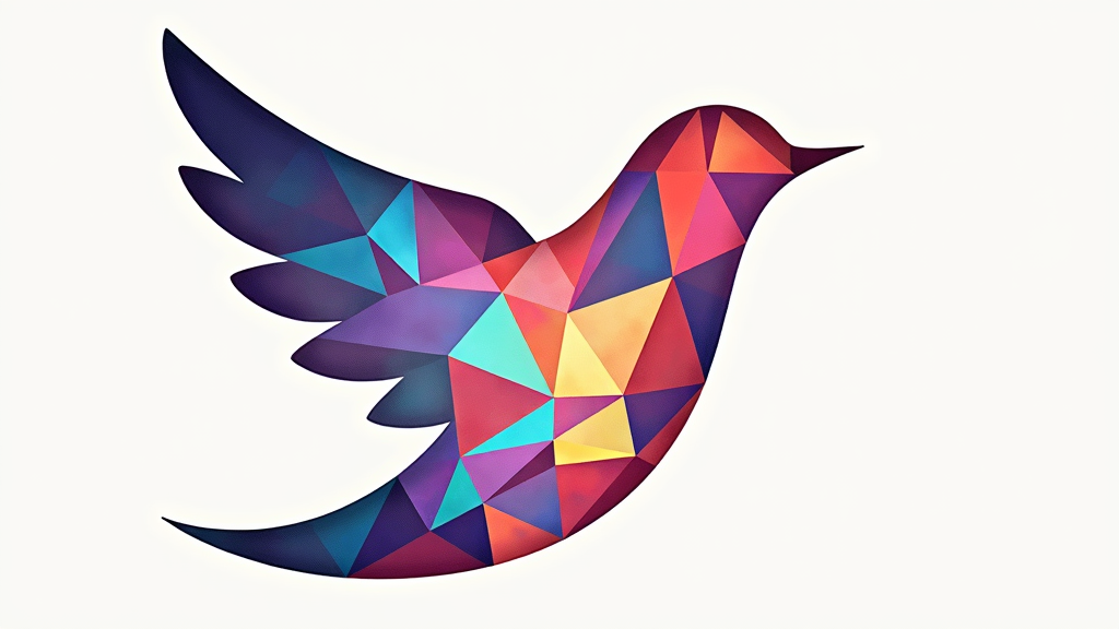 An icon of a bird silhouette filled with an abstract pattern of overlapping, iridescent triangles and polygons.