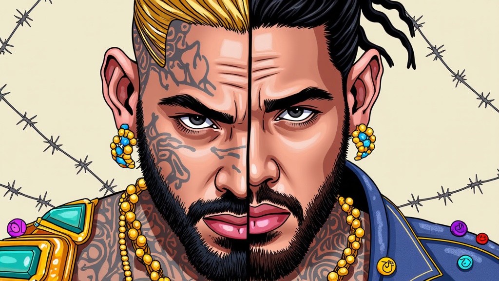 Dual Portrait: Illustrate Post Malone split down the middle. One side portrays him adorned with glittering gemstones, sharp facets, and vibrant colors (representing 'Twelve Carat'). The other side is rendered with rough textures, muted tones, depicting 'grit' – perhaps with elements like cracked stone, dust, or subtle barbed wire details intertwined with his features or tattoos.