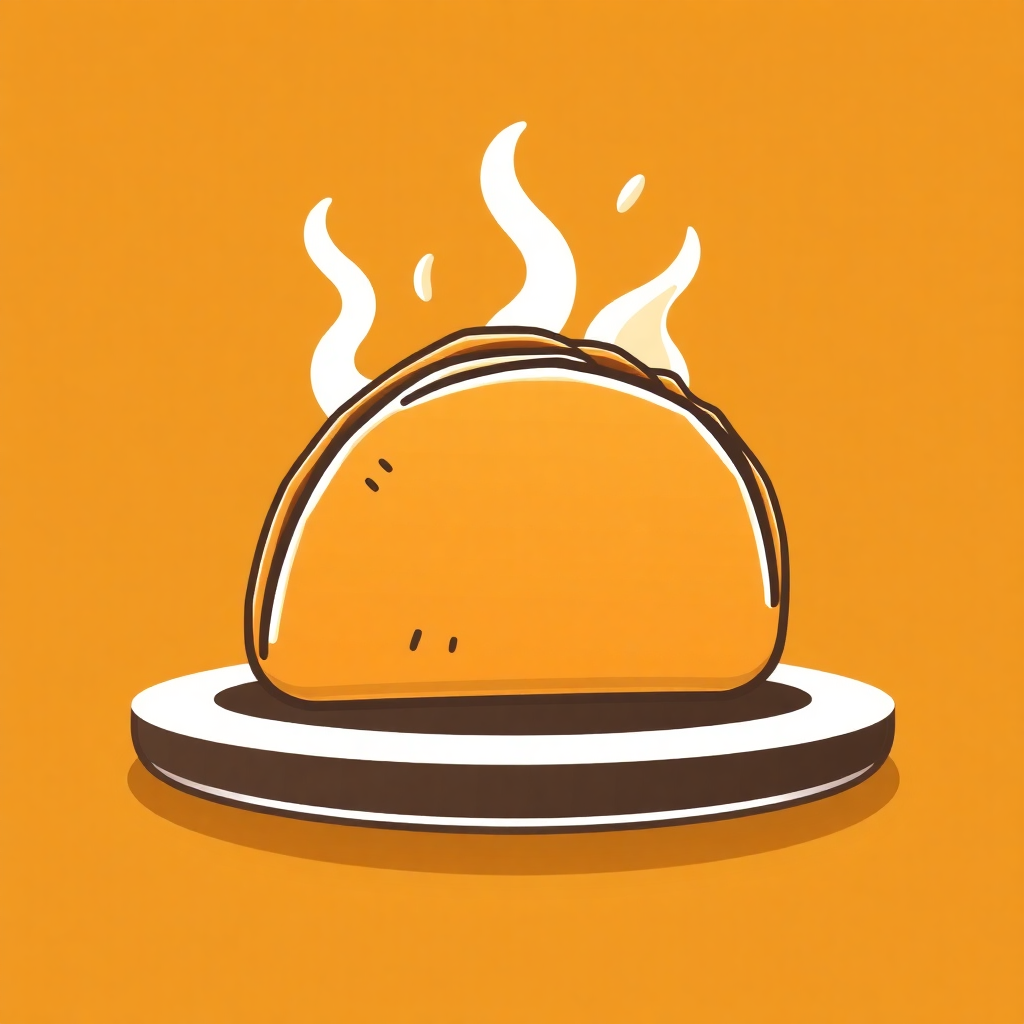 The image is an illustration of a hot dog on a plate. The hot dog is golden brown in color and appears to be freshly cooked. It is placed on a white plate with a black rim. The background is a solid orange color. On top of the hot dog, there are two white flames that are rising up from the plate, creating a wispy effect. The flames are evenly spaced and appear to be burning brightly. The overall style of the illustration is cartoon-like and playful.