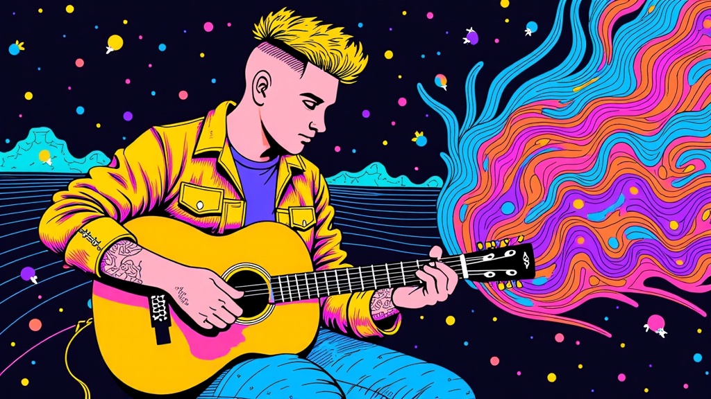 Acoustic Aura: Depict Post Malone playing a guitar, with soundwaves emanating from it that transform into intricate, flowing psychedelic patterns. These patterns could incorporate imagery from his lyrics or album art, rendered in a liquid, almost holographic style.