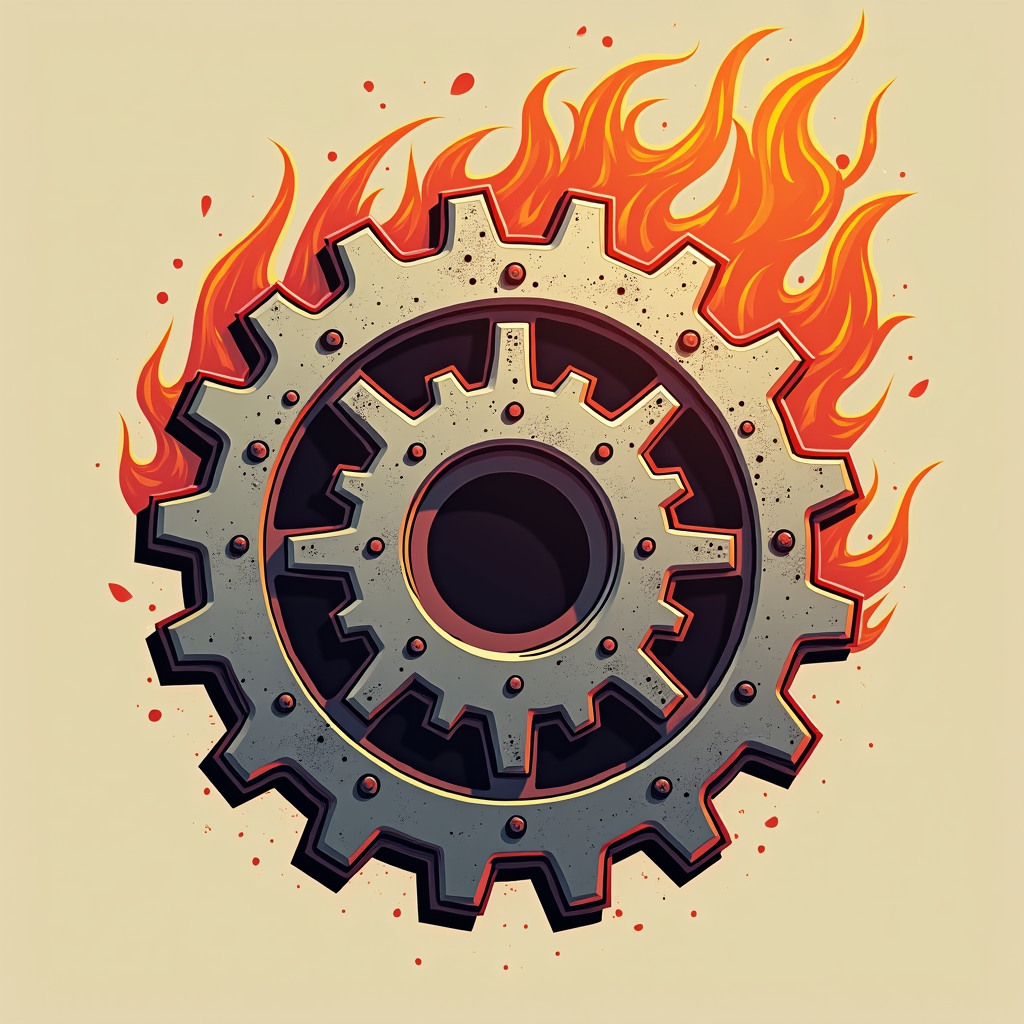 Simple Icon Concept for the theme: A stylized gear cog intertwined with a flame, representing the mechanical ingenuity and fiery passion behind Burning Man art cars. Suitable as a small emblem or design element.