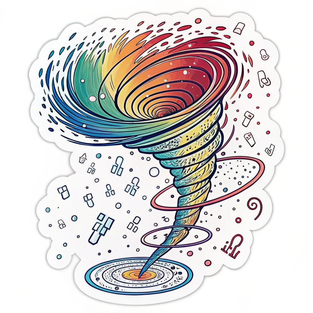 Data Stream Vortex Swirl: A dynamic vortex of swirling lines and color-shifting particles, some stylized as binary code, representing AI processing data streams.