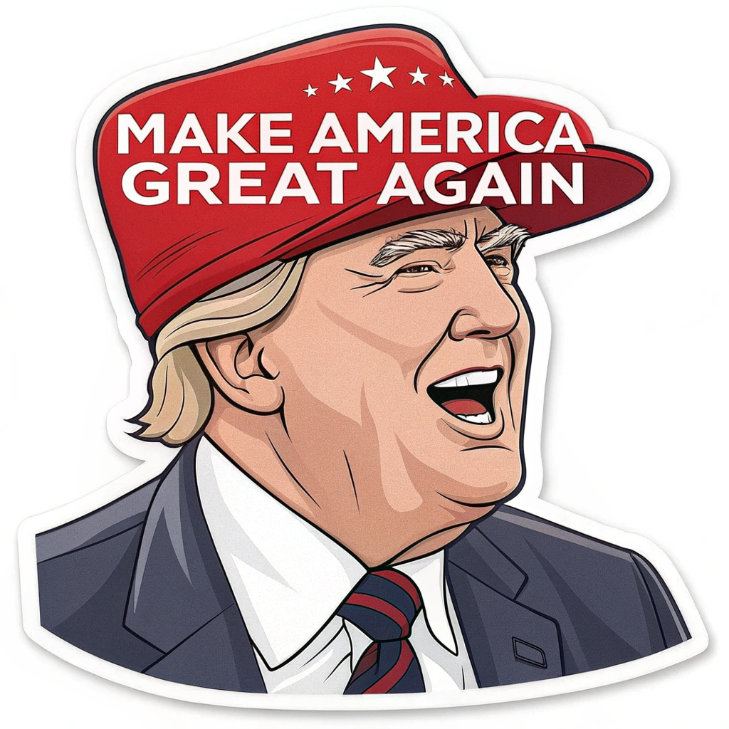 A sticker depicting Trump wearing a 'Make America Great Again' hat with a playful, slightly exaggerated expression.