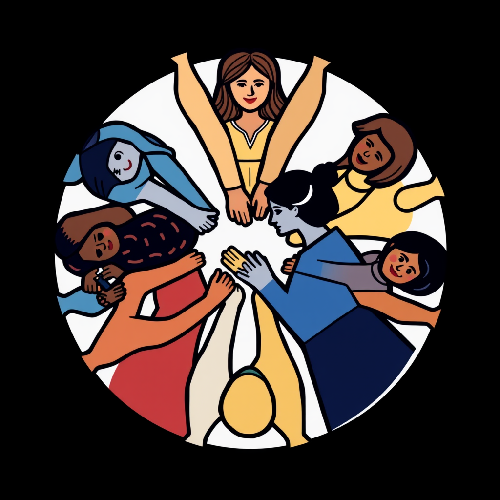 A graphic depicting women of different ethnicities holding hands in a circle.
