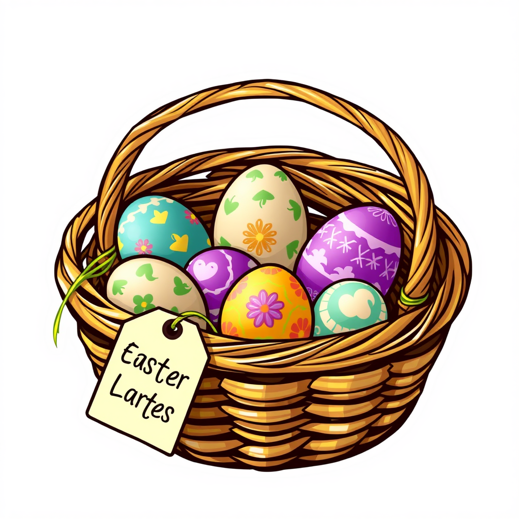 A basket full of decorated eggs with a tag labeled 'Easter Monday'.